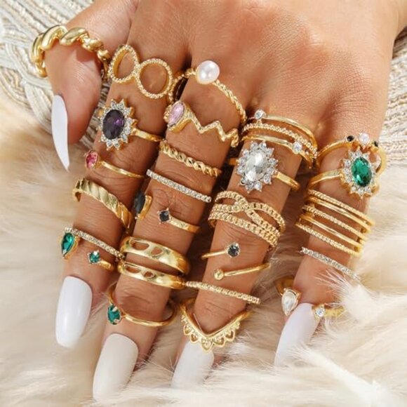 Gold Plated Jewelry Set Stackable Layered Necklace Bracelet Ring Earrings - Picture 6 of 8